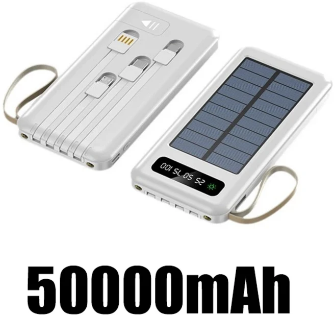 태양광 보조배터리 50000mAh 대용량 휴대용 고속 충전 듀얼 USB 4개 케이블 LED 디지털 디스플레이 (아이폰, 06 50000mAh white