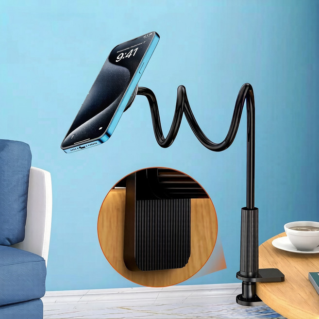 HERON 침대용 핸드폰 거치대 롱 자바라 360도 회전 강력 자석 링 포함, 검정색, 1개