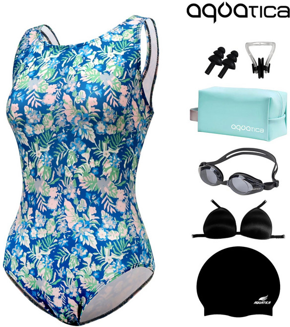아쿠아티카 여성 미들컷 실내 수영복 AQA1660 일반용수경 파우치 코클립 7종세트