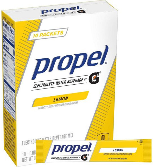 스포츠 운동 음료 믹스 파우더 Propel 프로펠 전해질 강화 워터 드링크 파우치 키위 딸기 맛 제로 칼로리 설탕 수분 보충용 전해질과 비타민 C E 10개입 1박스, 레몬, 레몬, 0.8 온스 (1팩)