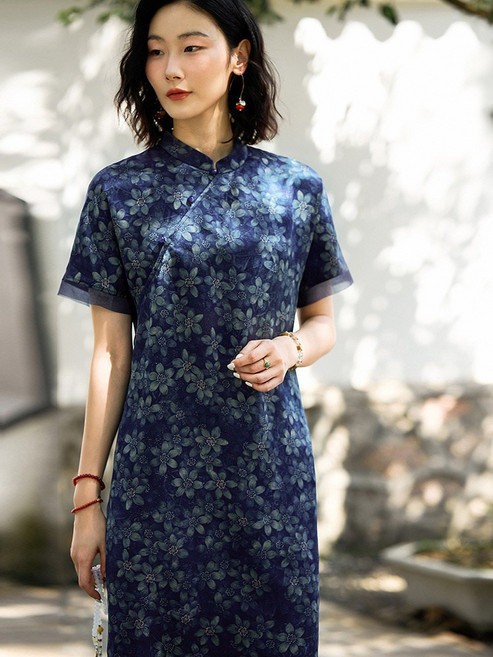 100桑蠶絲花羅香雲紗新中式國風真絲改良旗袍連衣裙女小個子26夏