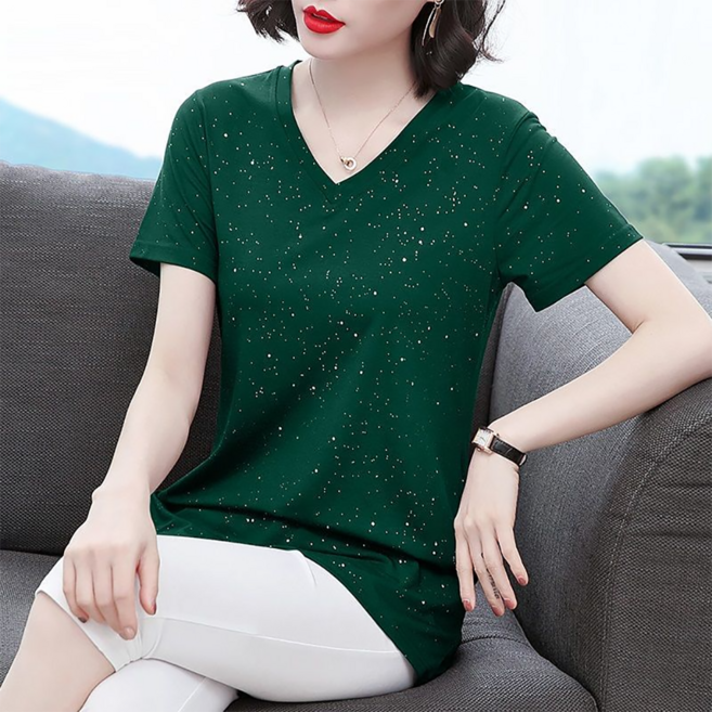 지고다그 여성 반짝이 포인트 여름 브이넥 반소매 티셔츠 편안한 롱핏 슬림커버 상의 ZKA0198
