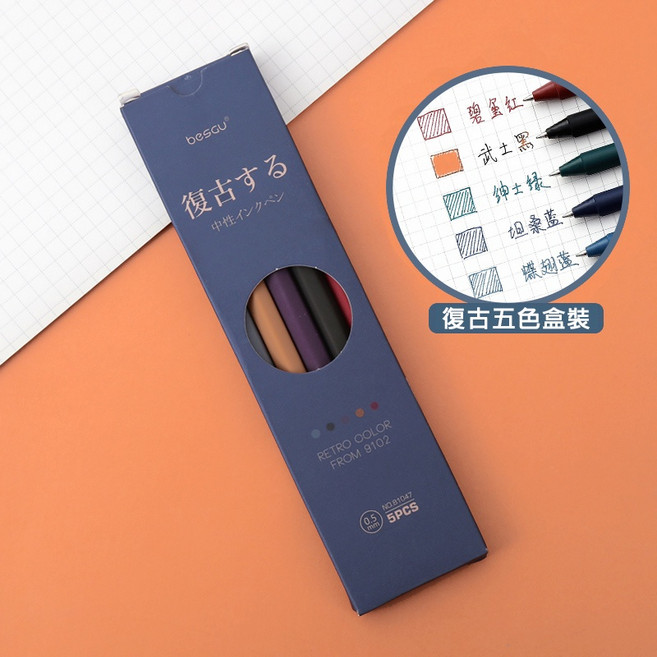 besau 莫蘭迪復古中性筆 0.5mm 按壓式鋼珠筆 多色可選 舒適三角筆桿, 1個, B.紫款復古盒裝,盒裝五入