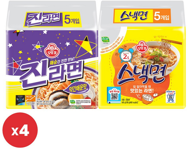 오뚜기 스낵면 (108gx5) 4개+진라면 약간매운맛 (120gx5) 4개, 1세트