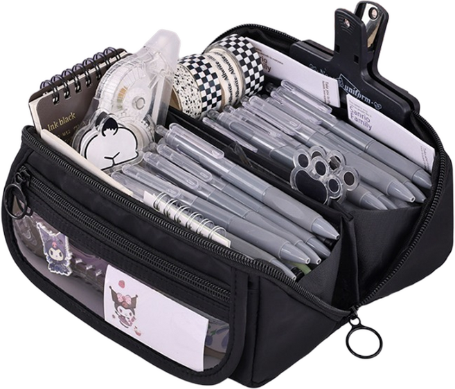 대용량 180도 다용도 수납 필통, 블랙, 1개