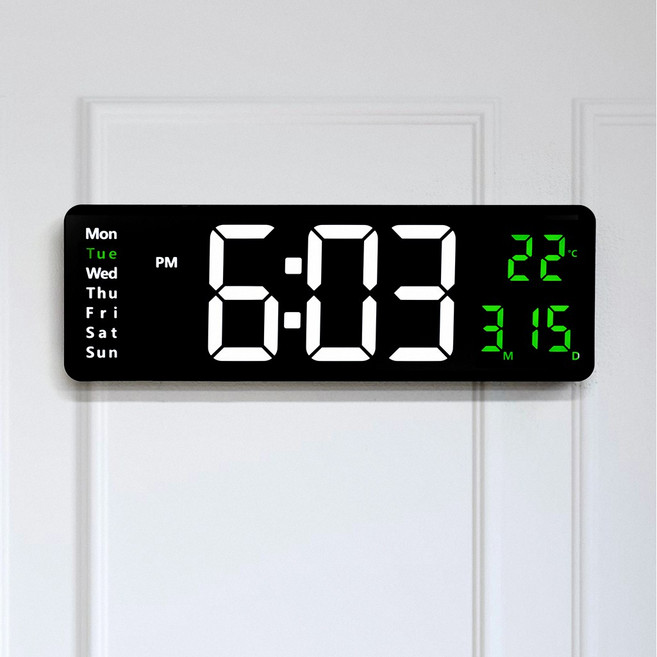 촘스토리 자이언트 빅 LED 벽시계 무소음 디지털 알람 탁상겸용 날짜 온도, 블랙본체_그린LED