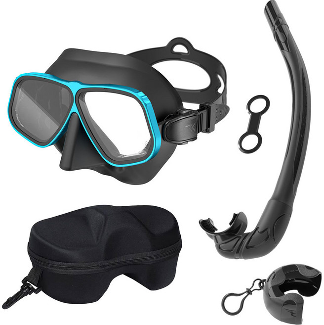 플로디 프리다이빙 유리 마스크 스노클 세트, 블랙/블루