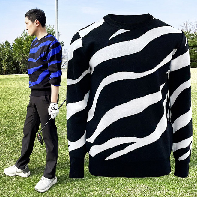 남자골프웨어 지브라 라운드 남성골프니트 봄 웨어 블루 스판 젊은 특이한 예쁜 필드니트