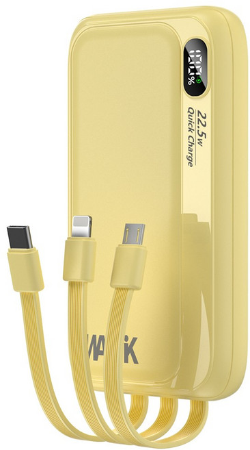 WAPIK PD 22.5W 일체형 대용량 보조배터리 고속충전 M1 10000mAh QC3.0 잔량표시, 옐로우