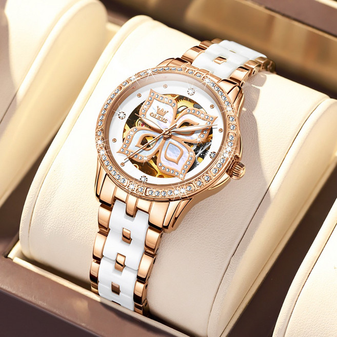 OLEVS 여성시계 기계식 오토매틱 럭셔리 큐빅 투조 명품 워터프루프 야광