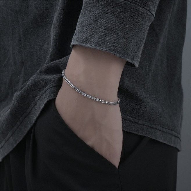 [변색방지] 써지컬스틸 남성 실버 체인 팔찌 얇은 뱀줄 남친룩 선물용 17cm 19cm 21cm