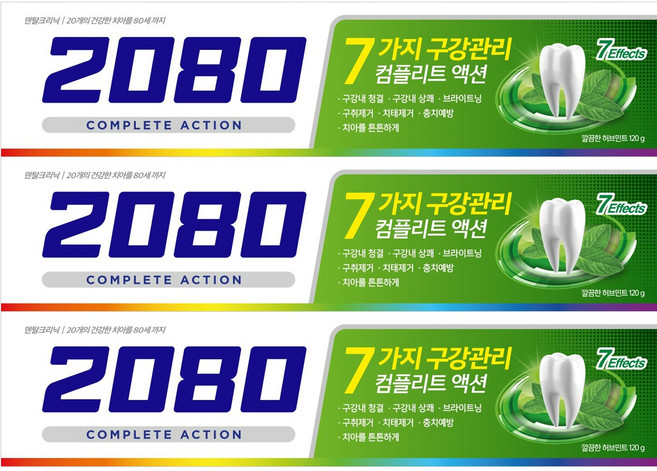 2080 컴플리트액션 치약 허브민트향, 120g, 3개