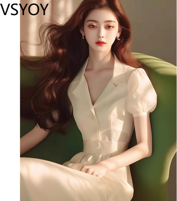 vsyoy 여름 프랑스 기질 여신 팬 하이 엔드 정제 된 고급 공식 옥시 Acetic Acid Satin 살구색 원피스