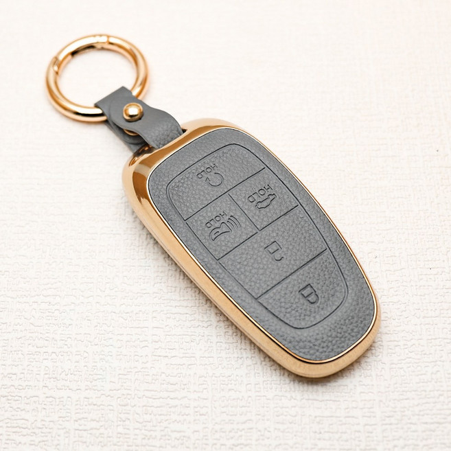 튜모 호환 팰리세이드 투싼NX4 더뉴그랜저 쏘나타DN8 더뉴싼타페 스타리아 넥쏘 싼타페FE 자동차 가죽 차 키케이스 키링 키홀더, PHD-02-5버튼 그레이, 스트랩 C타입