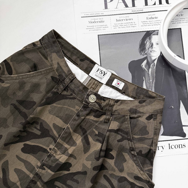 韓式豹紋迷彩多袋工裝長褲 高腰直筒闊腿休閒褲