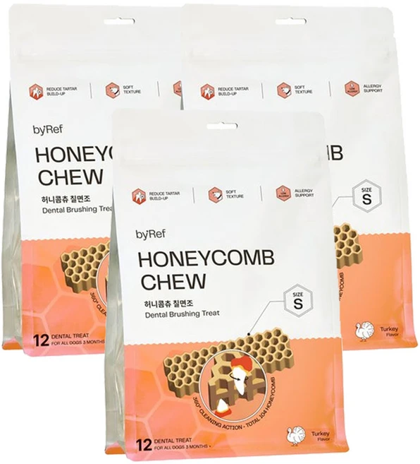 바이레프 강아지 허니콤츄 힘줄 연골 노령견 설채현 덴탈껌, 120g, 칠면조, 3개 - 쿠팡
