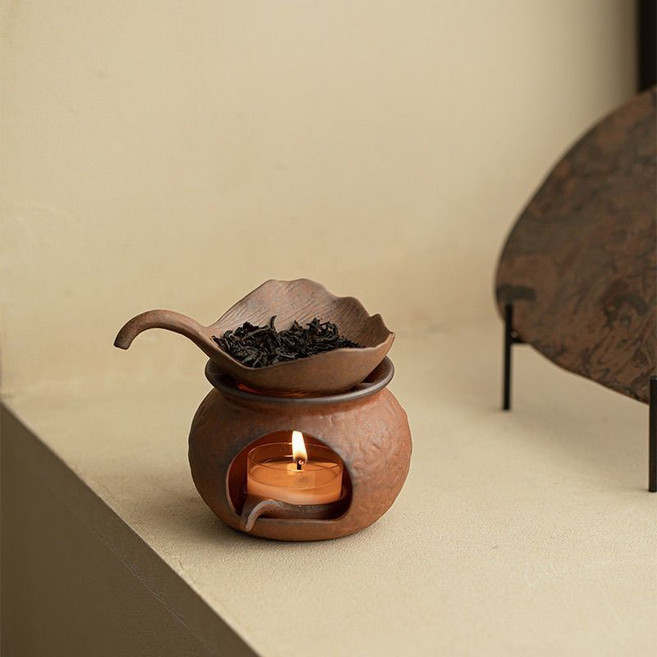 復古粗陶老巖泥溫茶爐 蠟燭樹葉烤茶器 功夫茶道配件 茶葉提香器, 1個, 功夫茶道配件茶葉提香器整套