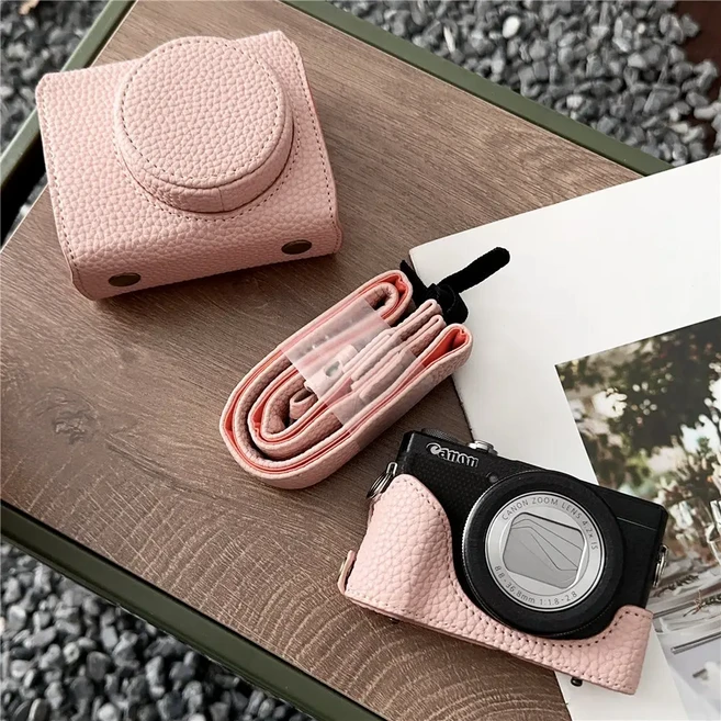 Canon PowerShot G7X Mark II III G7X2 G7X3 G7XII G7XIII 배터리 오프닝 전체 커버 (스트랩 포함) 용 고급, 02 Pink