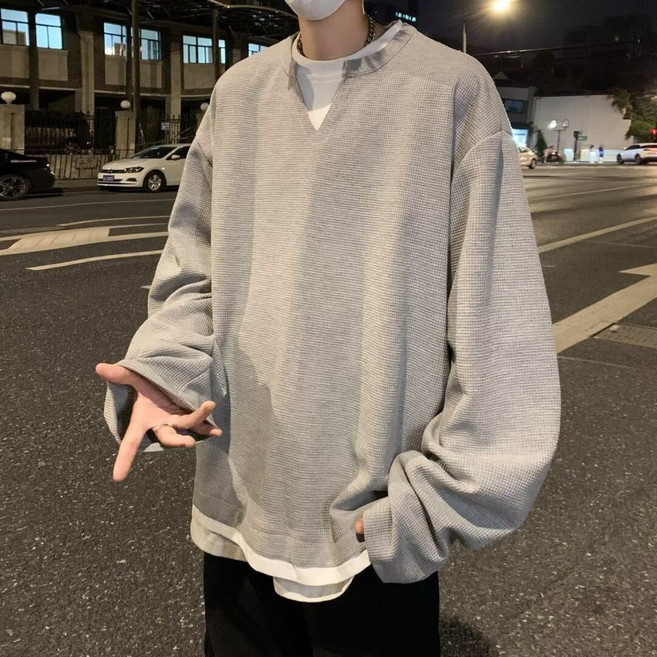 亨利衫美式ins華夫格假兩件長袖T卹男港風春秋寬鬆套頭打底上衣