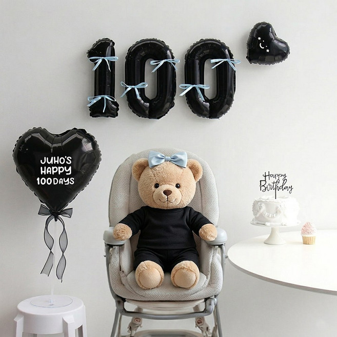 이벤트홀릭 블랙 숫자 리본 기념일 풍선세트(자유레터링), 100, 1개, 리본 블루