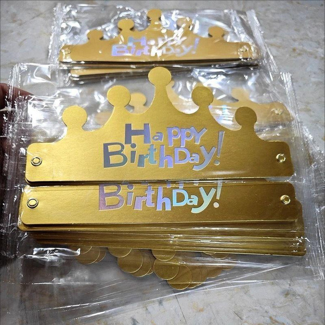 爆款!折疊加厚生日帽獨立包裝生日蛋糕生日帽皇冠帽一次性烘焙, 1個, 獨立包裝金色加厚,Happy款300 個