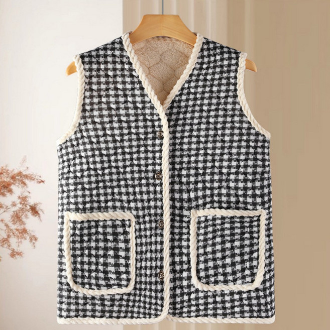 블랙 체크 어머니 양털 조끼