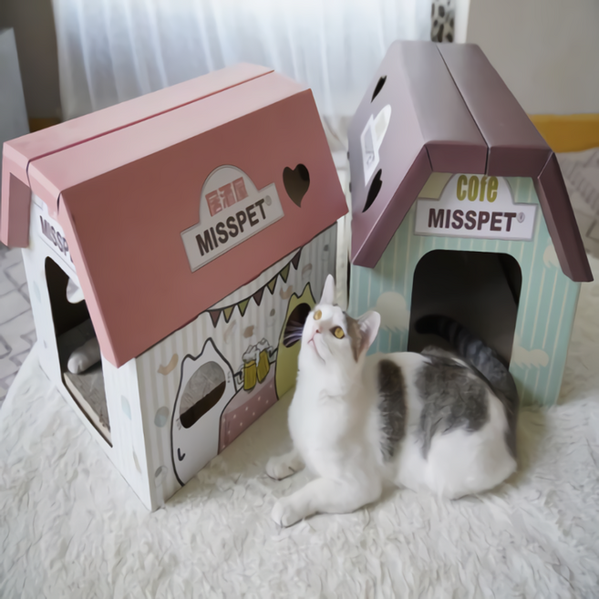 리빙듀오 파스텔 접이식 고양이 스크래쳐 하우스, 핑크, 1개