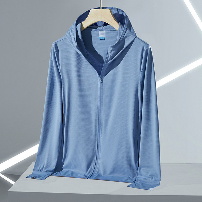 連帽拉鍊防曬外套, 藍色