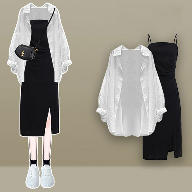 M-4XL 빅사이즈 화이트 셔츠 가디건 + 트임 나시원피스 캐주얼 여성 여름 투피스 ~100KG까지