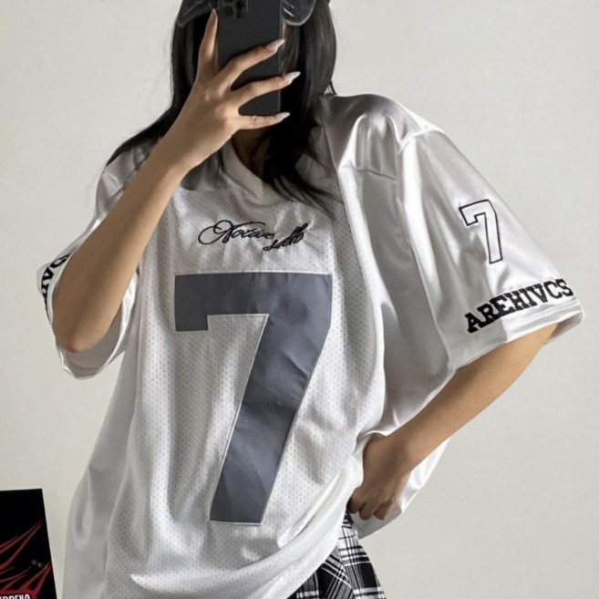 [디디댄스] 브이넥 세븐 배색 메쉬 져지 반팔 힙합티 댄서 방송 무대의상 줌바웨어 에어로빅복 화이트