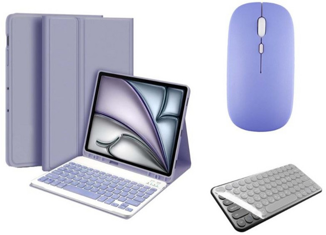 아이패드 호환 에어 프로 미니 1/2/3/4/5/6/7/8/9/10 세대 M2 M4 펜슬 수납 블루투스 키보드 케이스 무선 마우스 세트 iPad Pro Air Mini 케이스나라, 라벤더