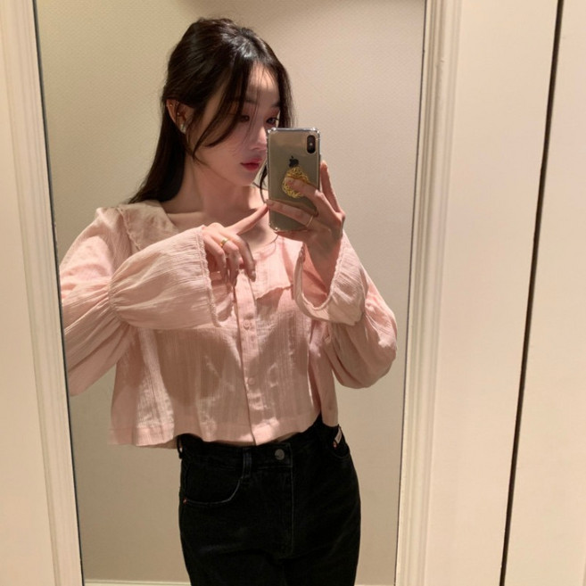 【法式方領】短款襯衫 女襯衫 韓版襯衫 荷葉邊襯衫 喇叭袖襯衫 寬鬆上衣 雪紡面料 春季新品 韓系chic穿搭