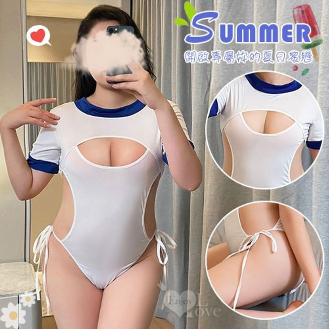 大尺碼連身泳衣 U領挖空設計 側腰綁帶