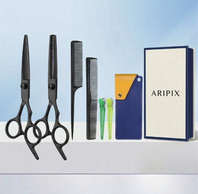 아리픽스 프리미엄 미용가위세트 셀프커트 숱가위 가정용 가죽케이스 빗 헤어집게, 1개, 블랙 2종 플러스세트