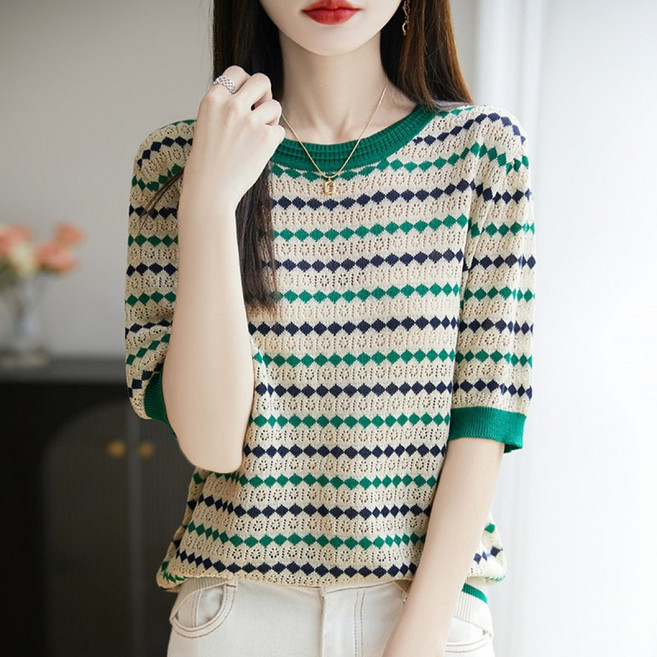 SAHINER 여성 반팔 니트 티셔츠 스트라이프 펀칭 슬림핏 데일리 ATX76