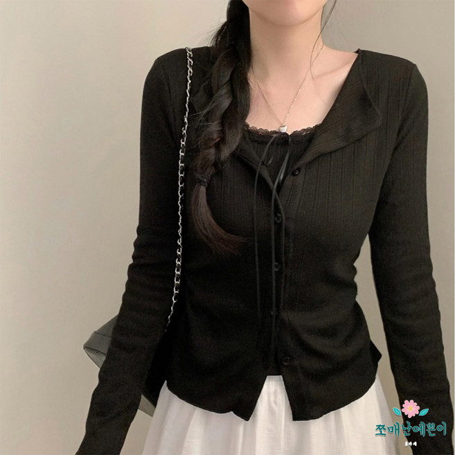 쪼예 레이어드 일체형 레이스 리본 나시 긴팔 가디건 티셔츠