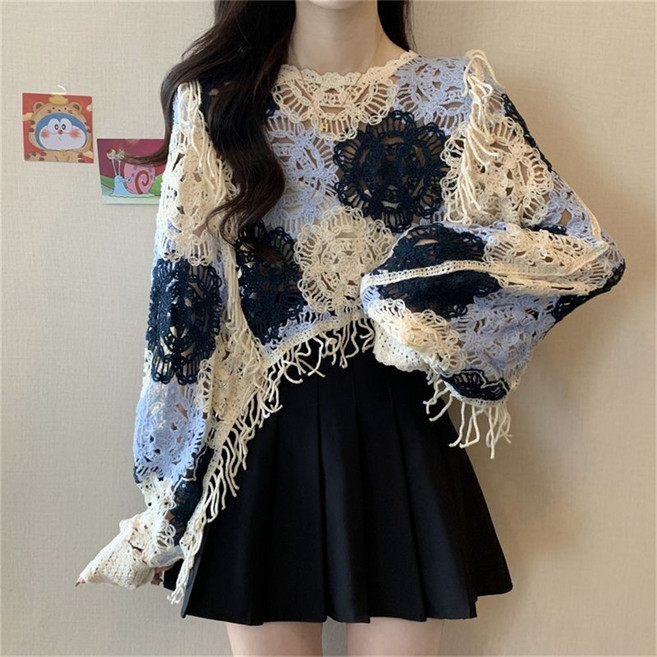 TKX 여성용 봄 가을 레이스 니트 스웨터 꽃무늬 장식 긴팔 복고풍 고급스러운