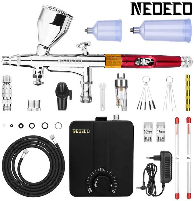 30psi 자동 정지 압축기 키트가 포함된 듀얼 액션 에어 브러시 메이크업 네일 페인트 바디 케이크 자동차 이발사를 위한 스프레이, 미국 플러그, NCT-STCB208K-S1, 1개