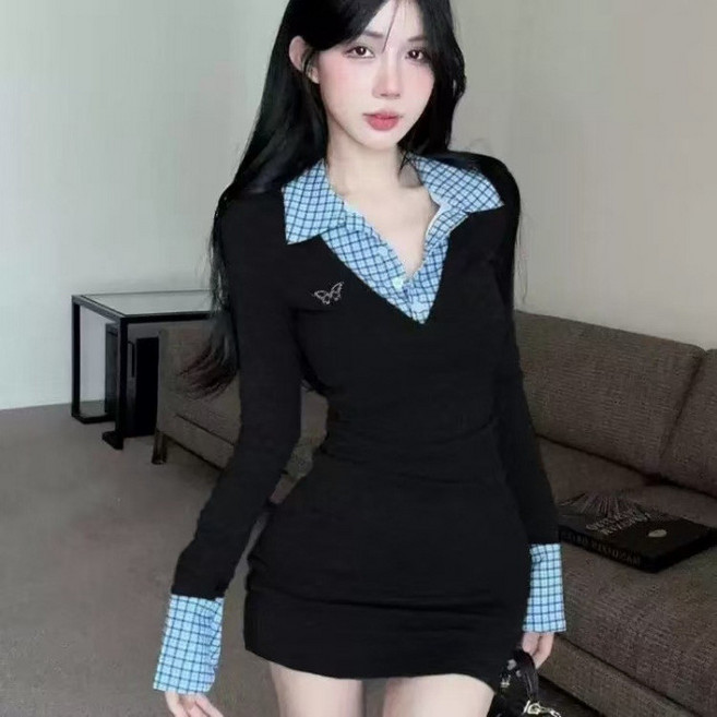 格子拼接假兩件連衣裙 美式蝴蝶裝飾收腰針織包臀短裙, 黑色,M, 黑色