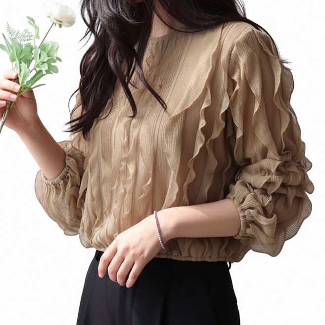 메리앤유 여리핏 볼륨소매 러플 플리츠 프릴 니트 블라우스 하객 정장 룩