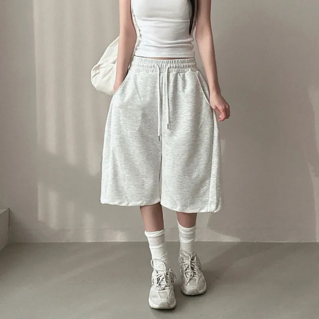 UPPERCUT 여성 밴딩 코튼 7부 사이드핀턱 버뮤다 팬츠 와이드 반바지