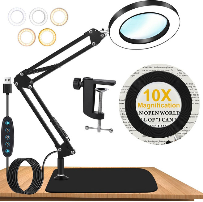 10배 LED 조명 확대경 돋보기 조절 가능한 조절 2-in-1금속 베이스 네일 조명 공예 등 다양한 용도, 1개, 블랙