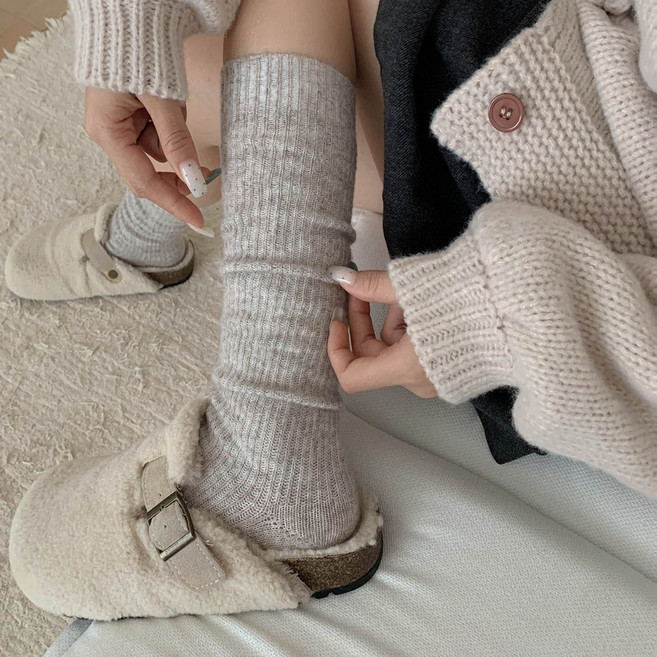 여성 겨울양말 고급 케시미어 울 학생 도톰한 무지 니삭스 긴양말 2켤레세트