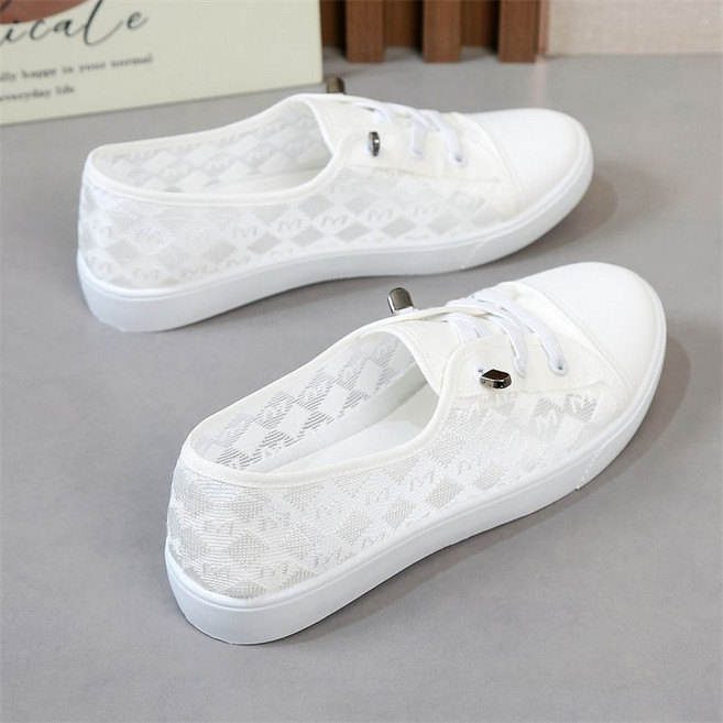 透氣網鞋女，2026春夏季新款，媽媽學生平底板鞋，休閒小白鞋, 24.5 cm, 白色