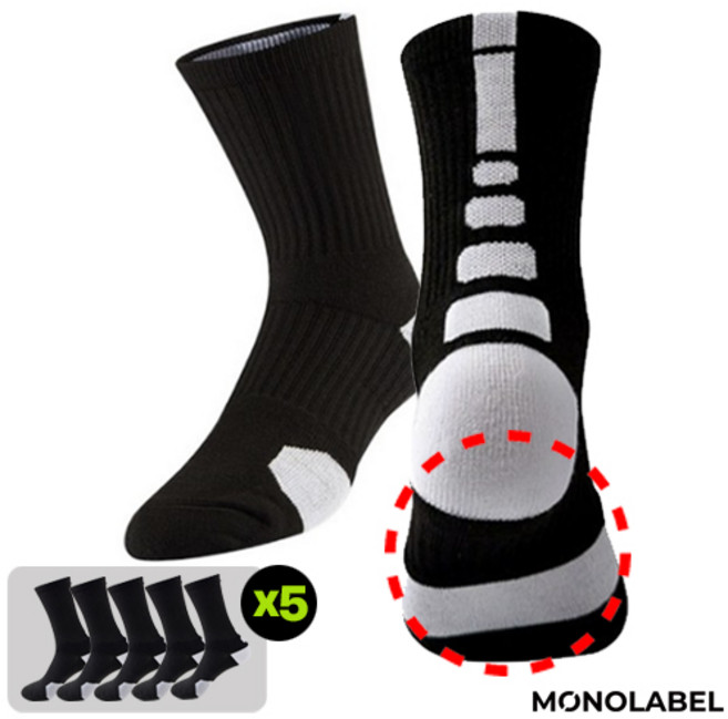 모노라벨 작업용 안전화 통풍 이중 쿠션 러닝 스포츠 양말, 블랙5종, 1개