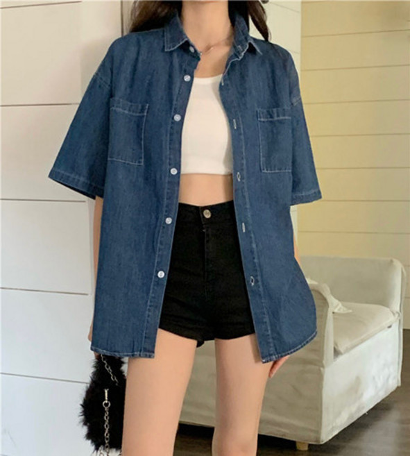 DFMEI 寬鬆短袖牛仔襯衣女春夏休閒設計感薄款外套上衣