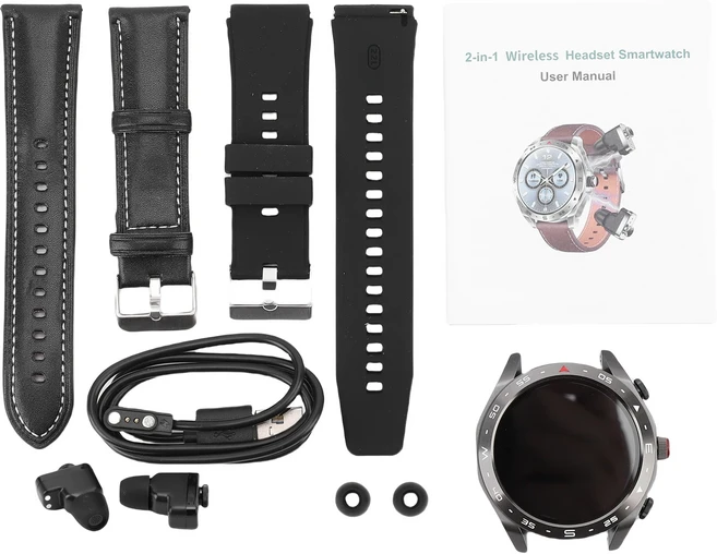 2in 1 스마트워치 방수 타이머 블루투스 노이즈 캔슬링 이어버드 알람 시계 날씨 예보 피트니스 일상용, 01 검정색
