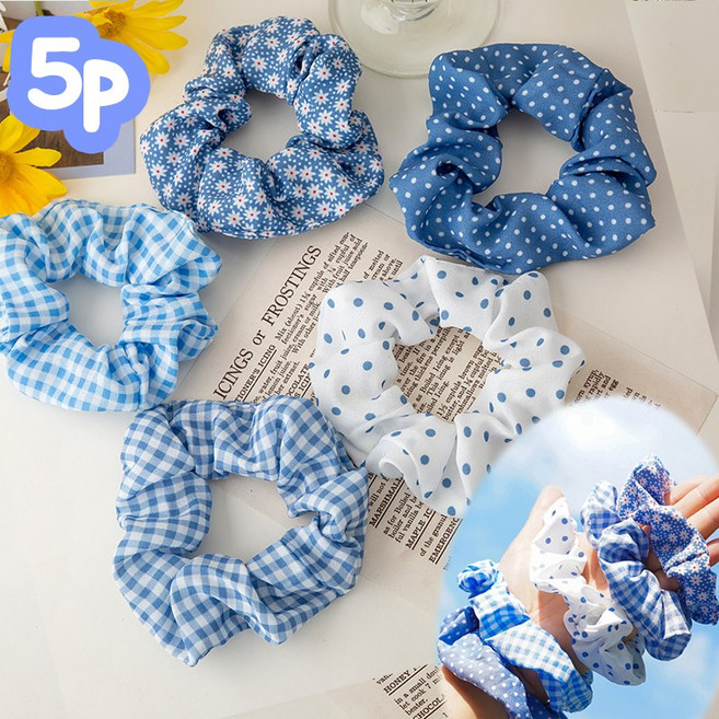 은꽃밴드 (5개세트) 블루 곱창 밴드 포니테일 헤어슈슈 여성 머리끈