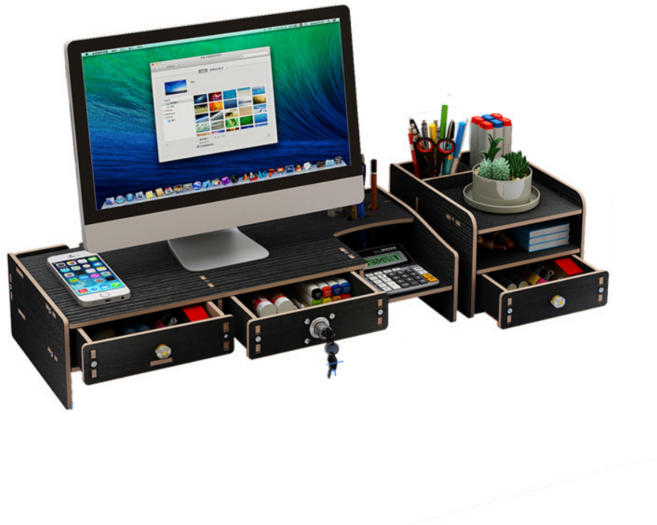 듀얼 모니터받침대 2단 서랍형 스탠드 선반, 검정색