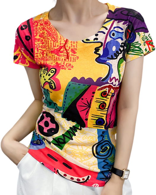 댄스복 상의 여성용 프린트 라운드 꽃무늬 망사 티셔츠 뉴타임즈 W786N224